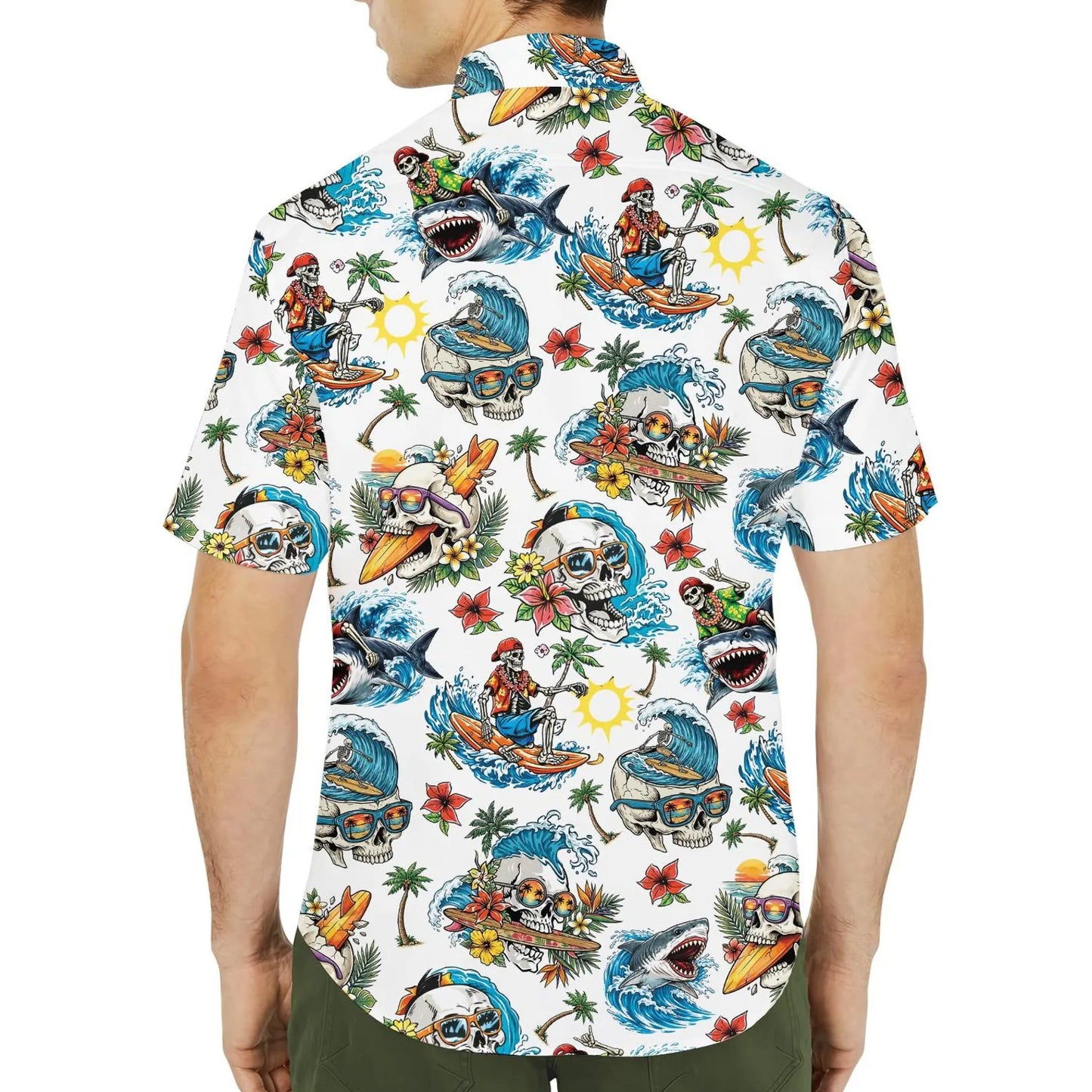 Shark Skeleton Surfing Hawaiian Shirt Beach Button Up Short Sleeve Aloha Shirt