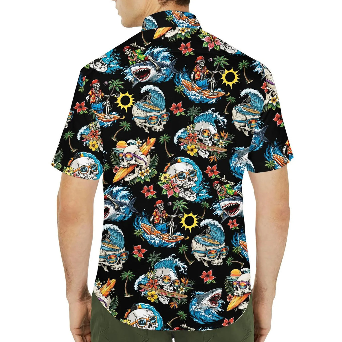 Shark Skeleton Surfing Hawaiian Shirt Unisex Short Sleeve Button Down Aloha