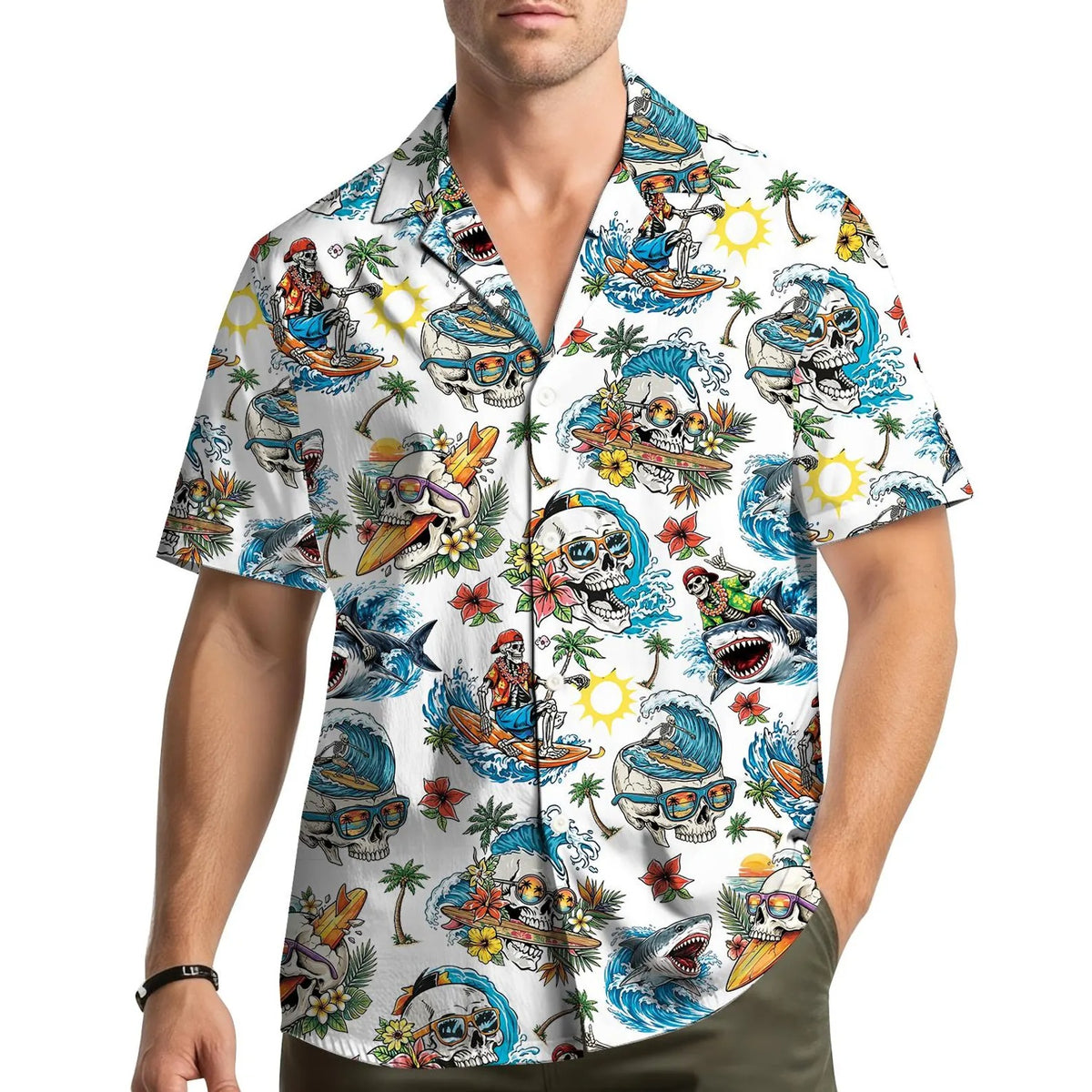 Shark Skeleton Surfing Hawaiian Shirt Beach Button Up Short Sleeve Aloha Shirt