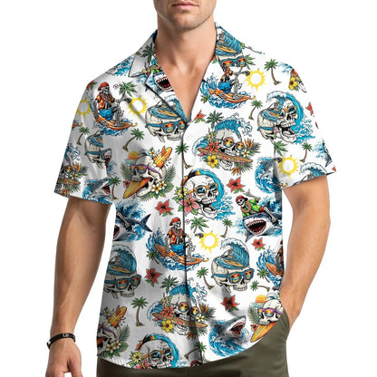 Shark Skeleton Surfing Hawaiian Shirt Beach Button Up Short Sleeve Aloha Shirt