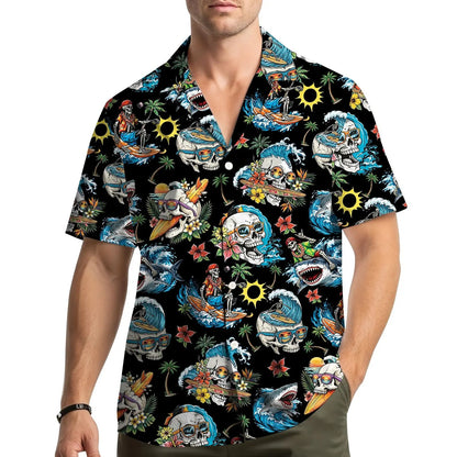 Shark Skeleton Surfing Hawaiian Shirt Unisex Short Sleeve Button Down Aloha