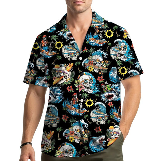 Shark Skeleton Surfing Hawaiian Shirt Unisex Short Sleeve Button Down Aloha