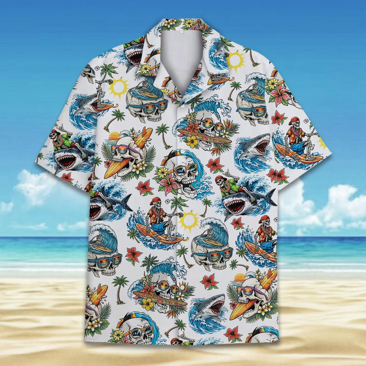 Shark Skeleton Surfing Hawaiian Shirt Beach Button Up Short Sleeve Aloha Shirt