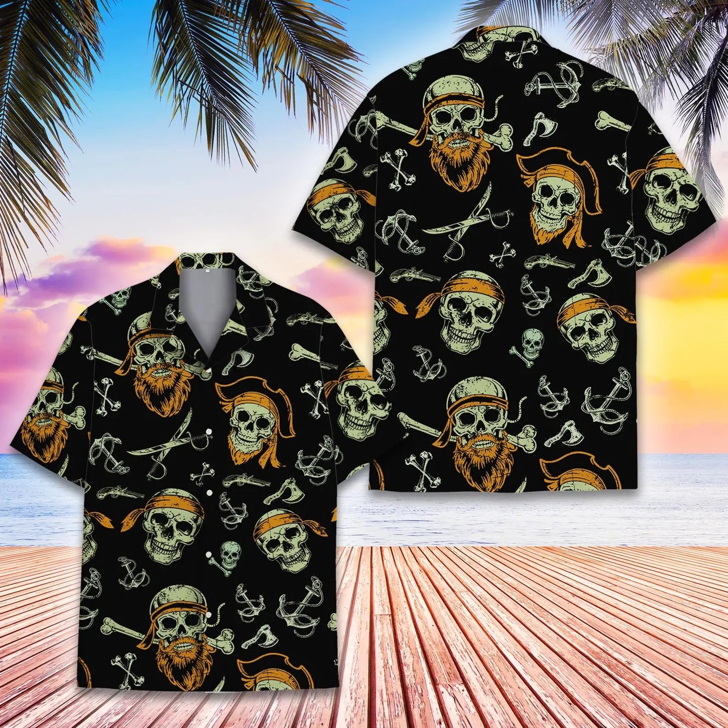 Pirate Skull Hawaiian Shirt Unisex Short Sleeve Button Down Aloha Shirt