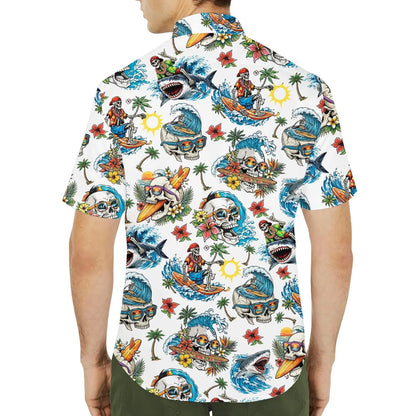 Shark Skeleton Surfing Hawaiian Shirt Beach Button Up Short Sleeve Aloha Shirt