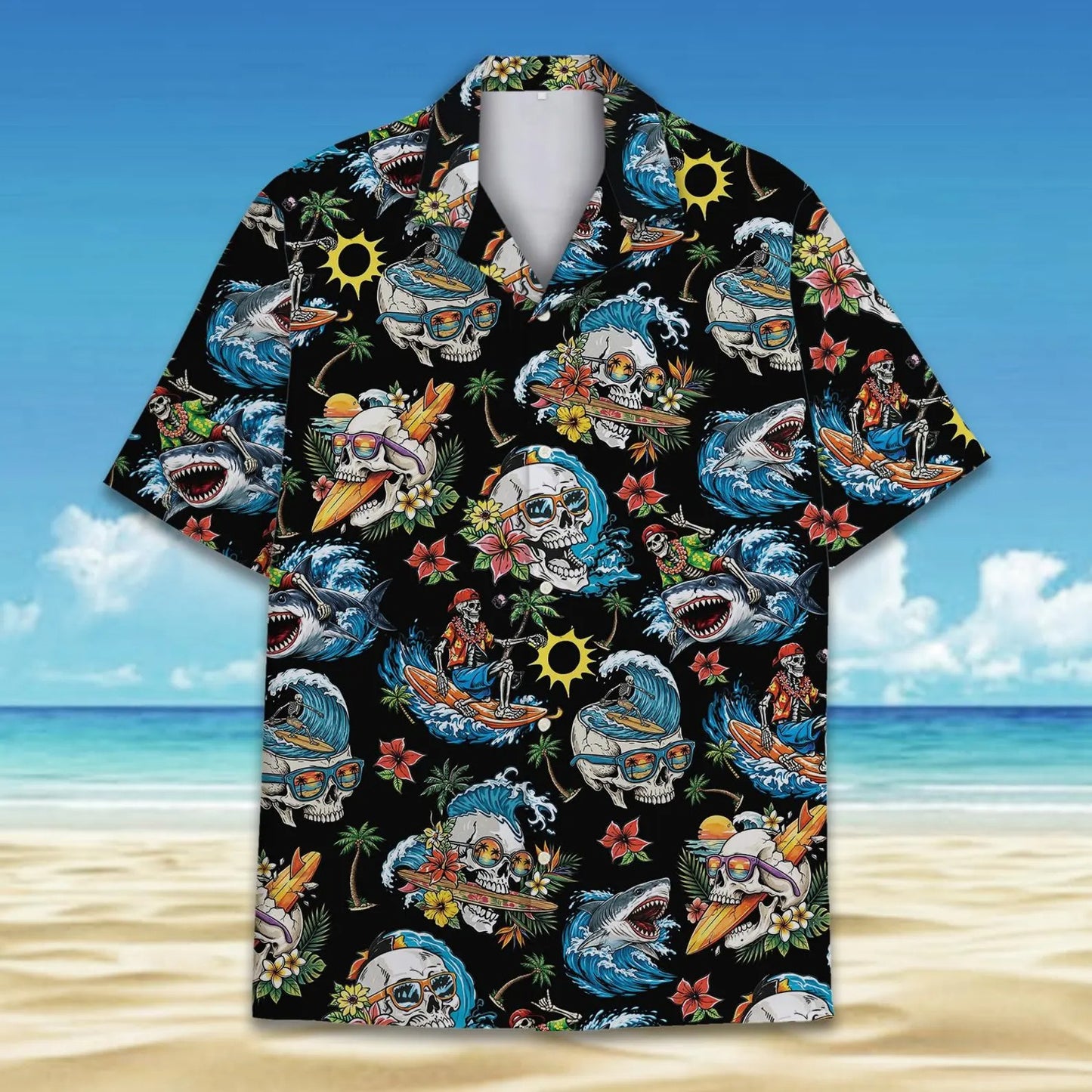 Shark Skeleton Surfing Hawaiian Shirt Unisex Short Sleeve Button Down Aloha