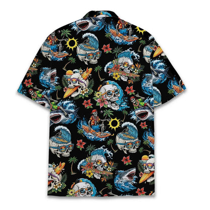 Shark Skeleton Surfing Hawaiian Shirt Unisex Short Sleeve Button Down Aloha