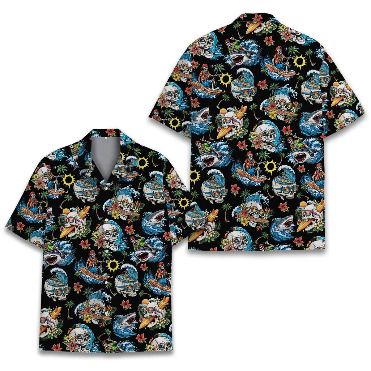 Shark Skeleton Surfing Hawaiian Shirt Unisex Short Sleeve Button Down Aloha