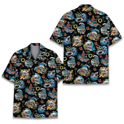 Shark Skeleton Surfing Hawaiian Shirt Unisex Short Sleeve Button Down Aloha