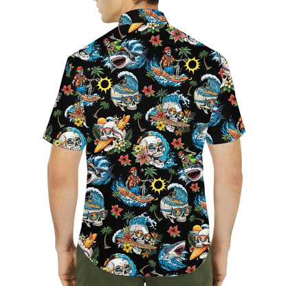 Shark Skeleton Surfing Hawaiian Shirt Unisex Short Sleeve Button Down Aloha