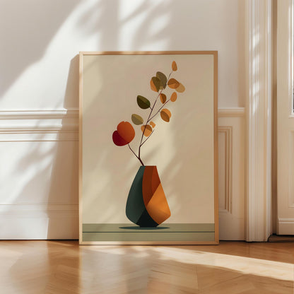 Geometric Vase Botanical Print, Japandi Canvas Wall Art, Minimalist Floral Deco
