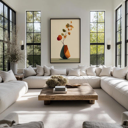 Geometric Vase Botanical Print, Japandi Canvas Wall Art, Minimalist Floral Deco