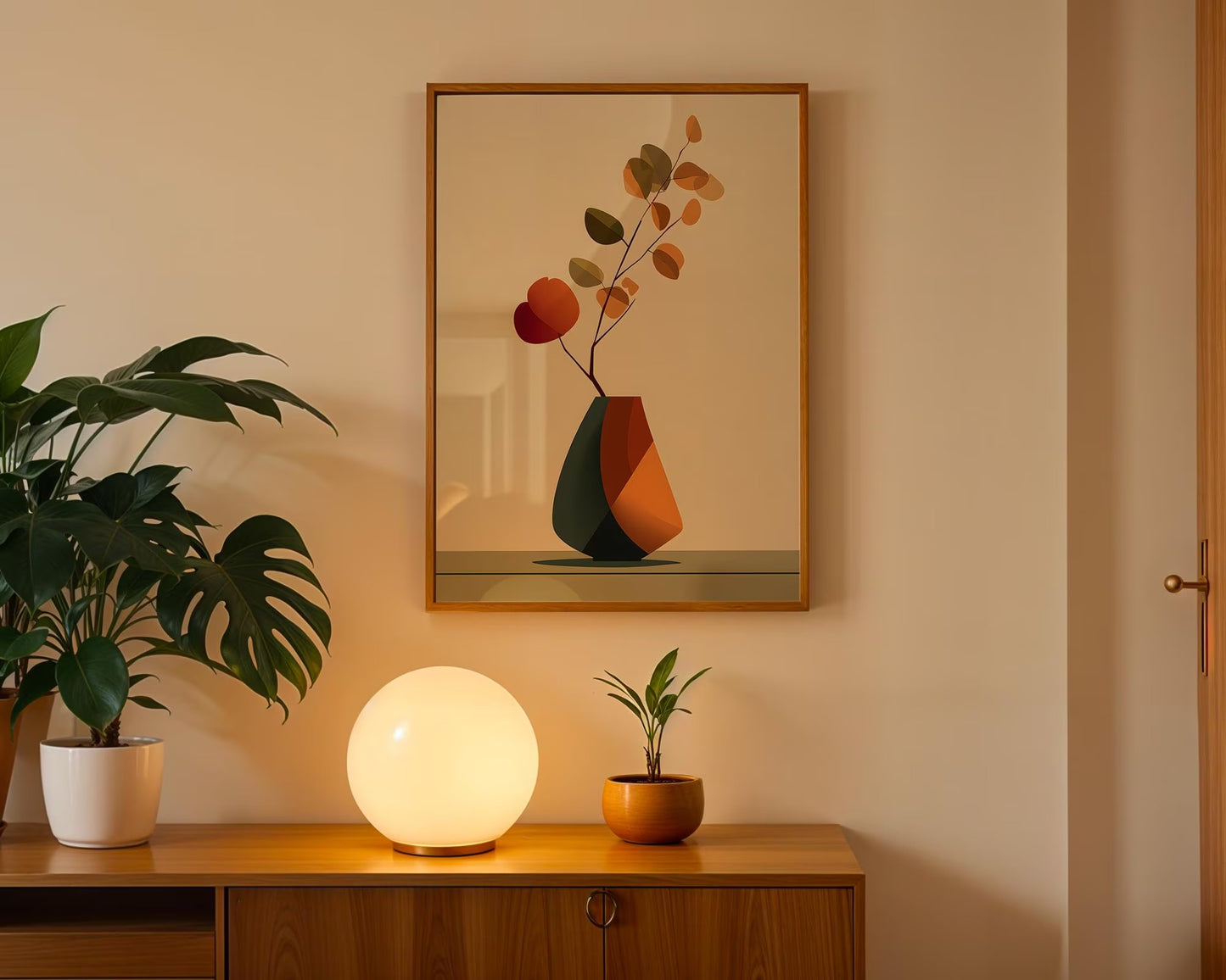 Geometric Vase Botanical Print, Japandi Canvas Wall Art, Minimalist Floral Deco